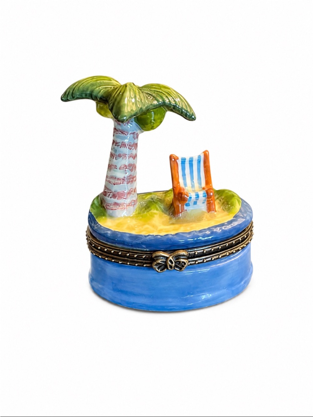 Tropical Beach Getaway Palm Tree & Chair Hinged Trinket Box – Coastal Treasure
